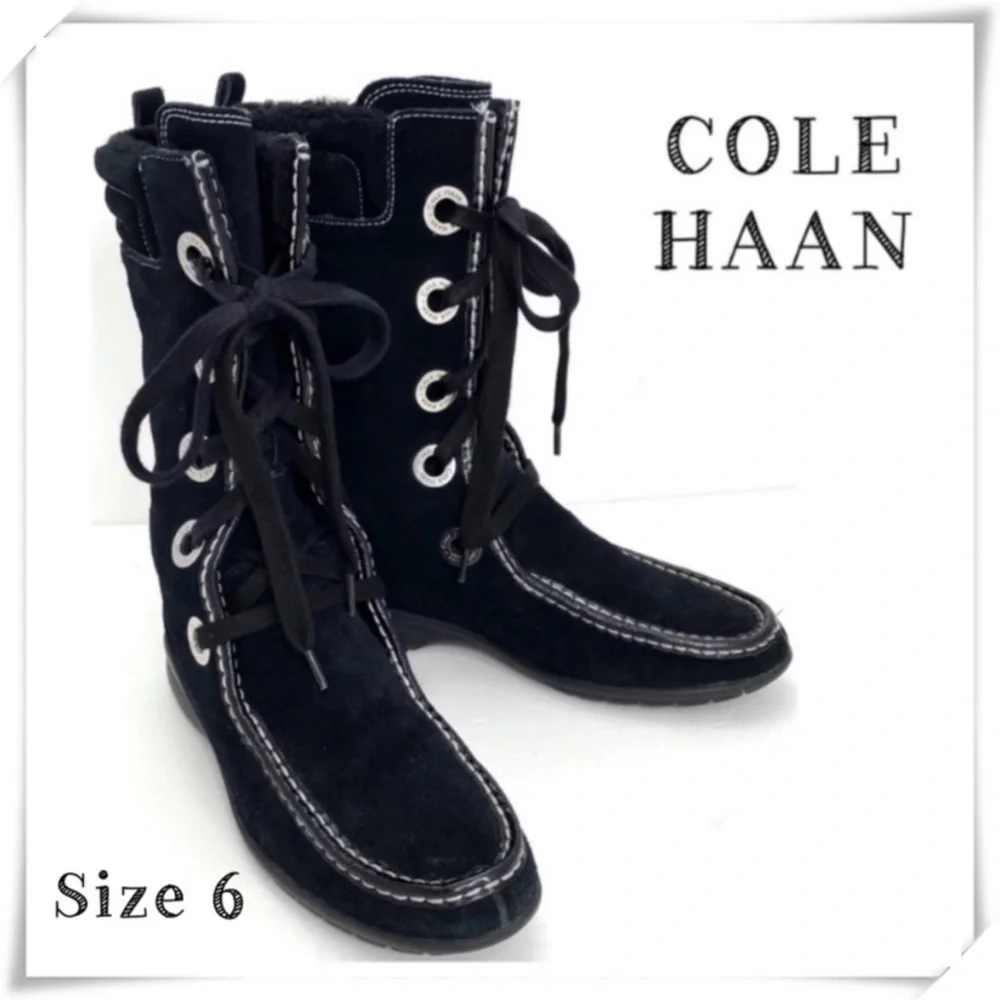 COLE Haan Winter Fur Lined Waterproof Suede Lace up Flat Boots in Black